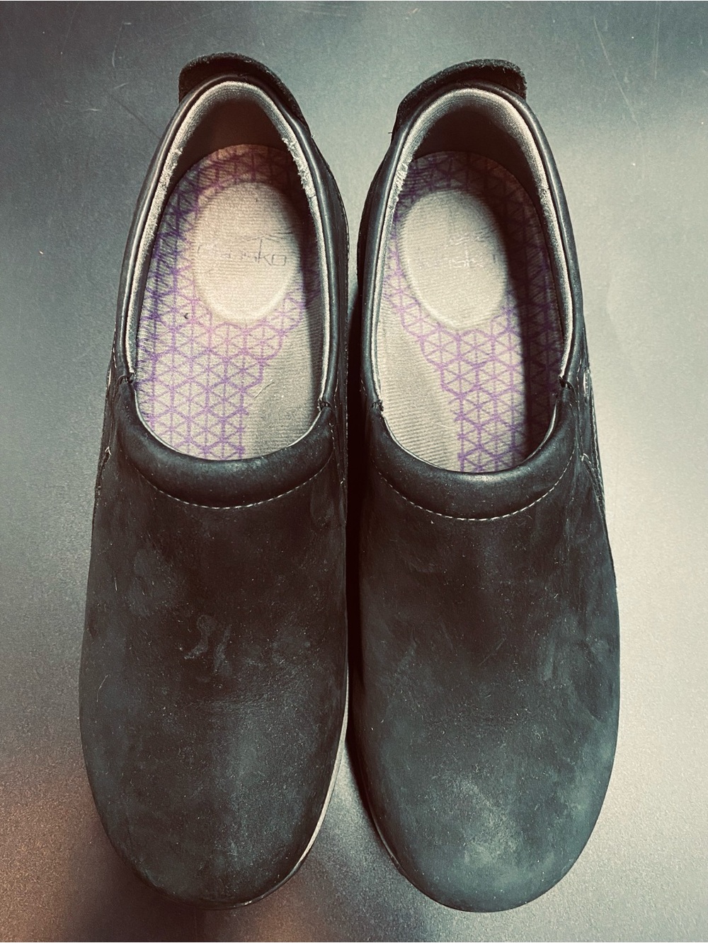 Black Women's Slip-On Mules with Purple Insole Pattern